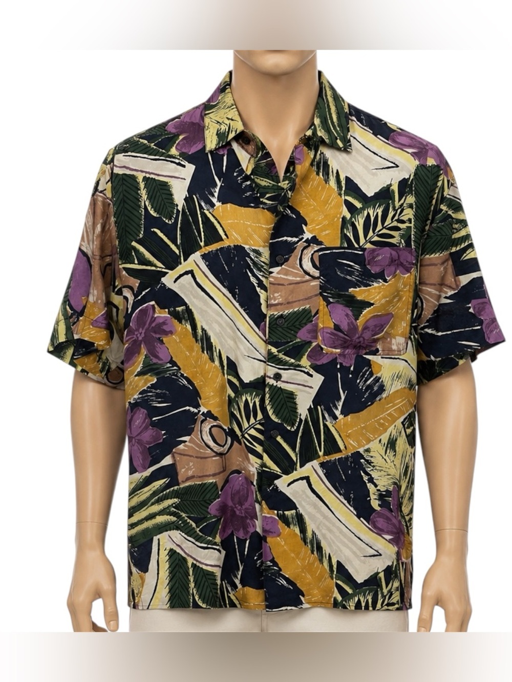 Robert Stock Vintage Men's Silk Short-Sleeve Shirt Medium Abstract Floral Artsy